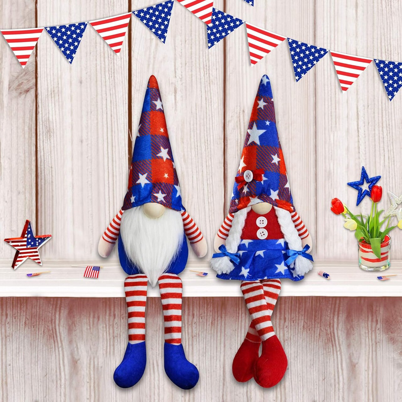 2 Pcs 4th of July Patriotic Gnomes – Handmade Plush Mr. & Mrs. Swedish Tomte Ornaments for Patriotic Party Table, Home, Mantle, and Fireplace Décor